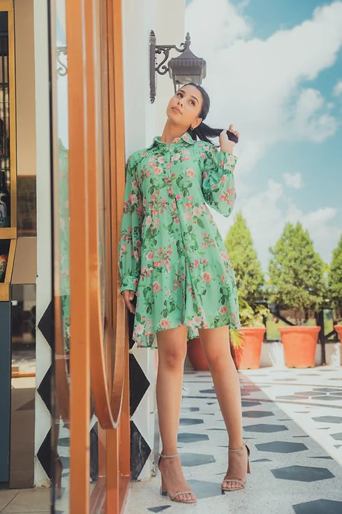 Hannah Green Floral Shirt Dress